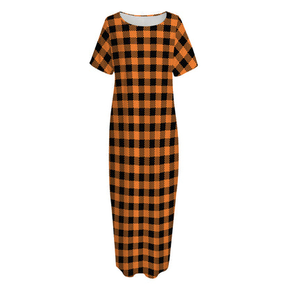 Orange Buffalo Plaid Print Short Sleeve Long Nightdress