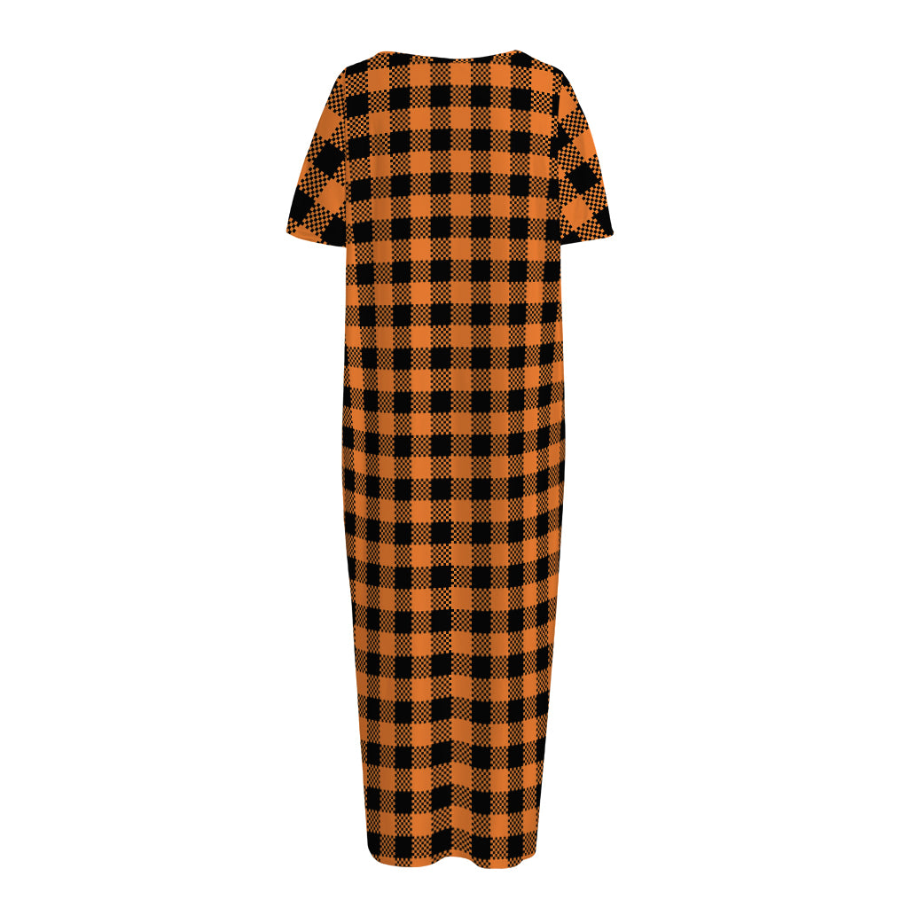 Orange Buffalo Plaid Print Short Sleeve Long Nightdress
