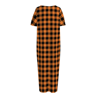 Orange Buffalo Plaid Print Short Sleeve Long Nightdress