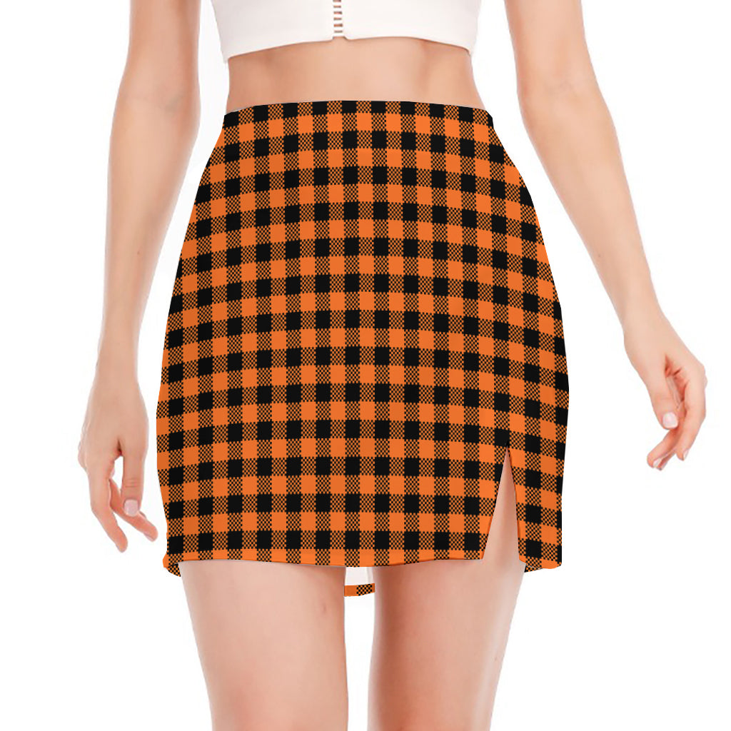 Orange Buffalo Plaid Print Side Slit Mini Skirt