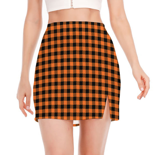 Orange Buffalo Plaid Print Side Slit Mini Skirt