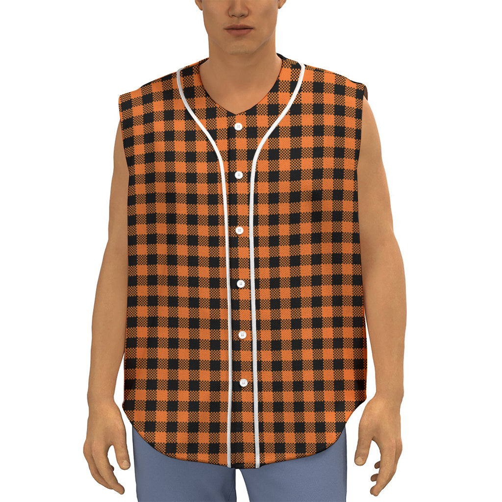 Orange Buffalo Plaid Print Sleeveless Baseball Jersey