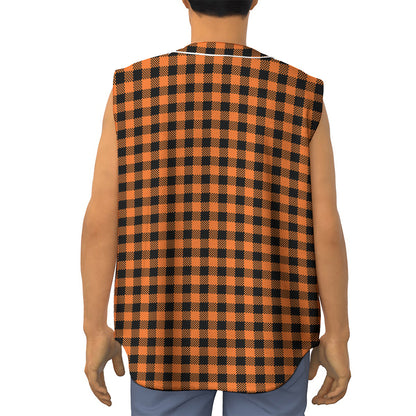 Orange Buffalo Plaid Print Sleeveless Baseball Jersey