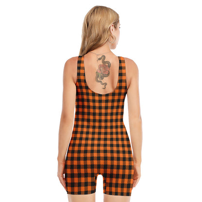 Orange Buffalo Plaid Print Sleeveless One Piece Swimsuit
