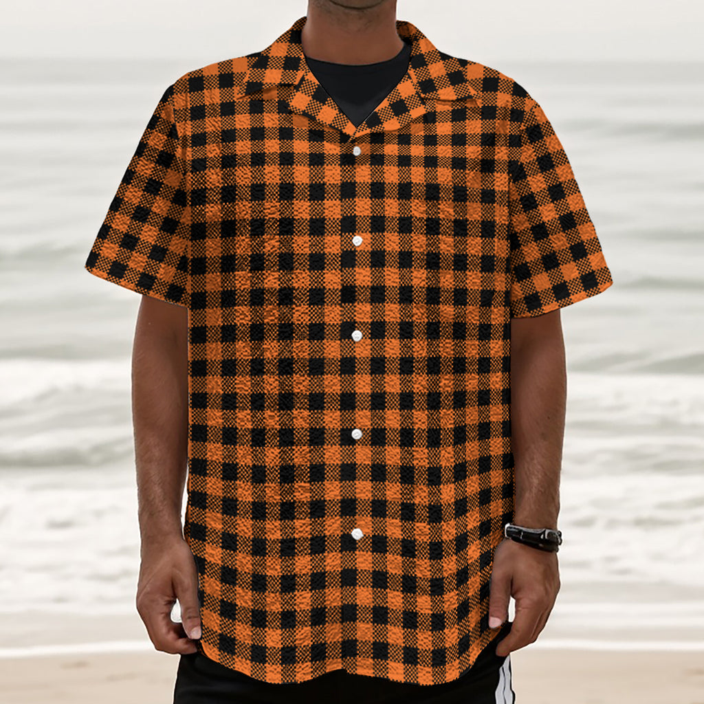 Orange Buffalo Plaid Print Textured Short Sleeve Shirt