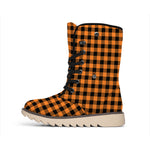 Orange Buffalo Plaid Print Winter Boots