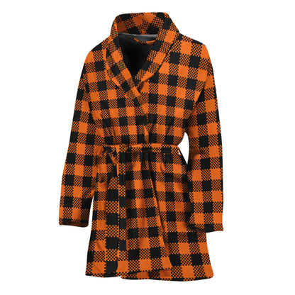 Orange Buffalo Plaid Print Women's Bathrobe