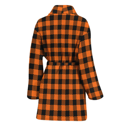 Orange Buffalo Plaid Print Women's Bathrobe