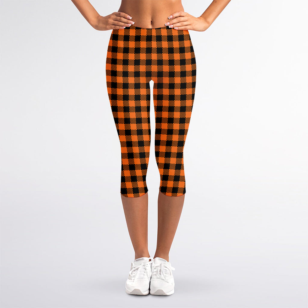 Orange Buffalo Plaid Print Women's Capri Leggings