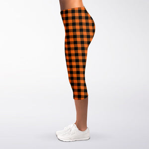 Orange Buffalo Plaid Print Women's Capri Leggings