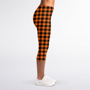 Orange Buffalo Plaid Print Women's Capri Leggings