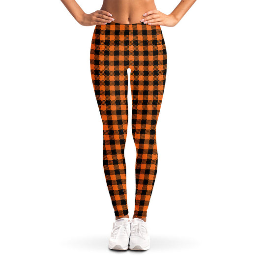 Orange Buffalo Plaid Print Women's Leggings