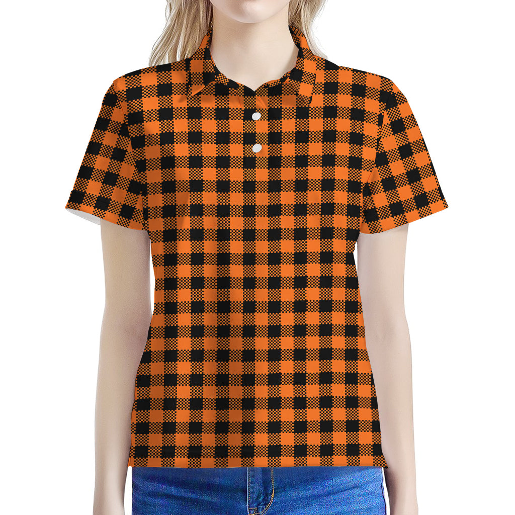 Orange Buffalo Plaid Print Women's Polo Shirt