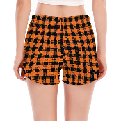 Orange Buffalo Plaid Print Women's Split Running Shorts