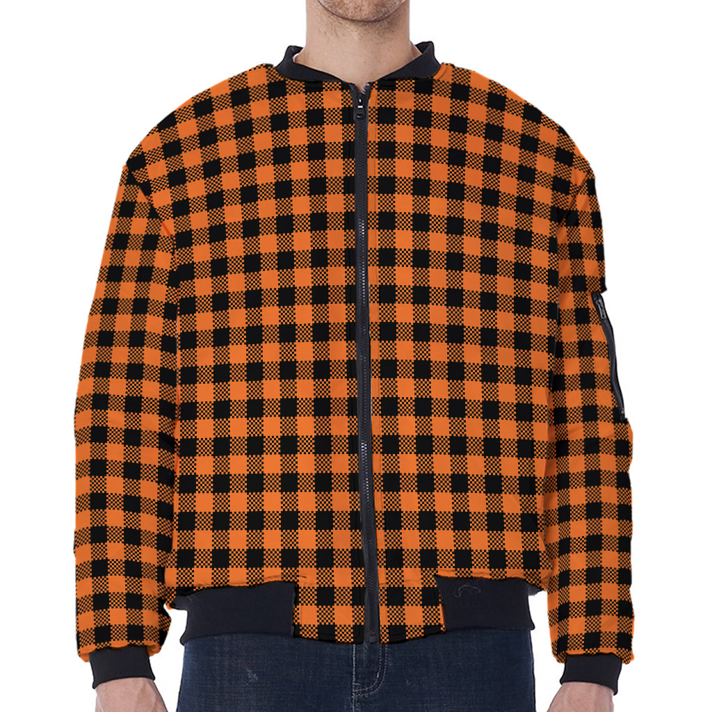 Orange Buffalo Plaid Print Zip Sleeve Bomber Jacket