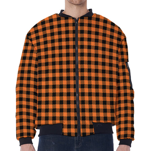 Orange Buffalo Plaid Print Zip Sleeve Bomber Jacket