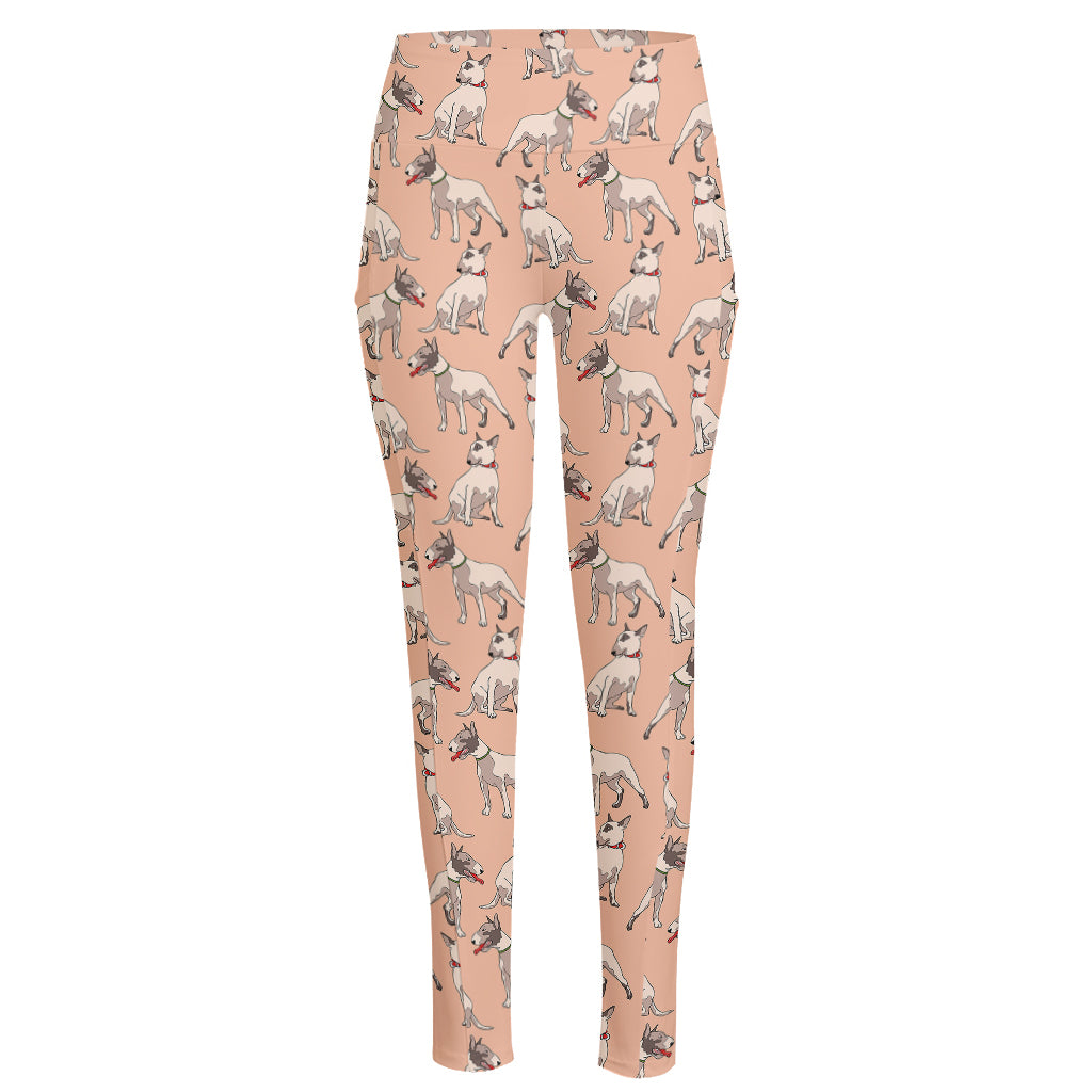 Orange Bull Terrier Pattern Print High-Waisted Pocket Leggings