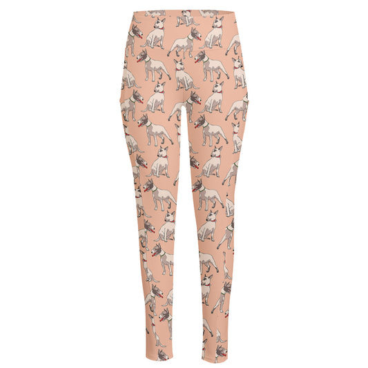 Orange Bull Terrier Pattern Print High-Waisted Pocket Leggings