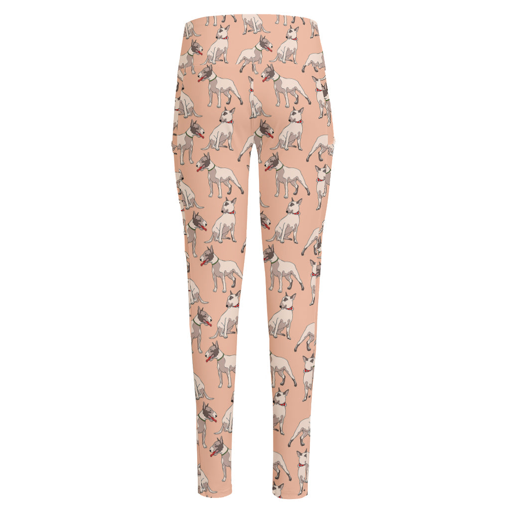 Orange Bull Terrier Pattern Print High-Waisted Pocket Leggings