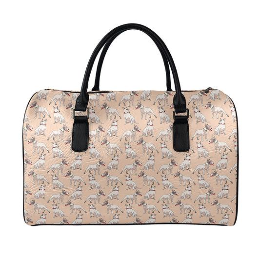 Orange Bull Terrier Pattern Print Leather Duffle Bag