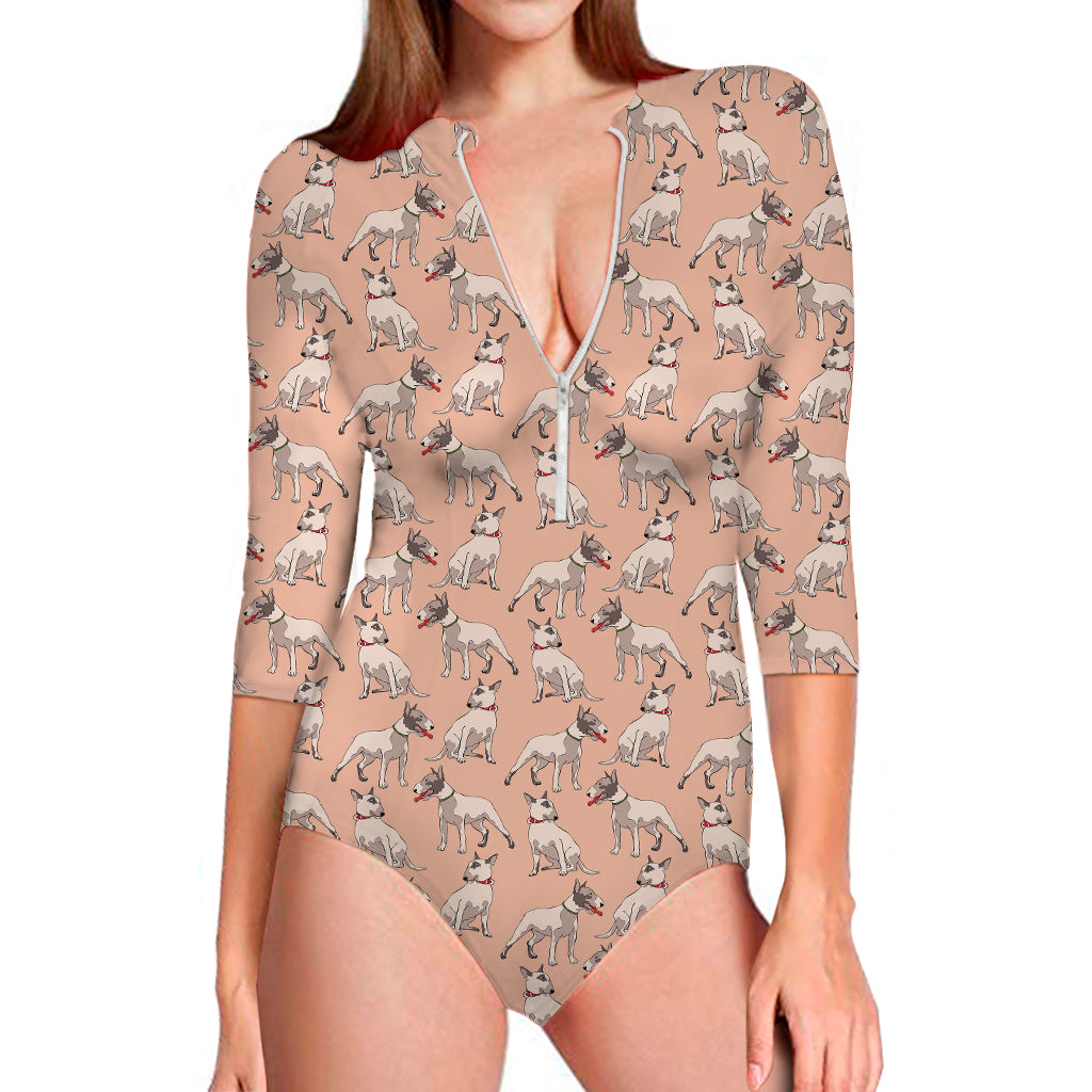 Orange Bull Terrier Pattern Print Long Sleeve Swimsuit