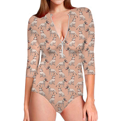 Orange Bull Terrier Pattern Print Long Sleeve Swimsuit