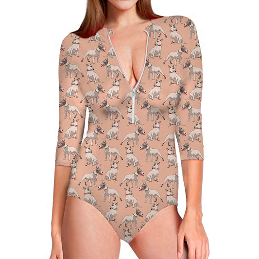 Orange Bull Terrier Pattern Print Long Sleeve Swimsuit