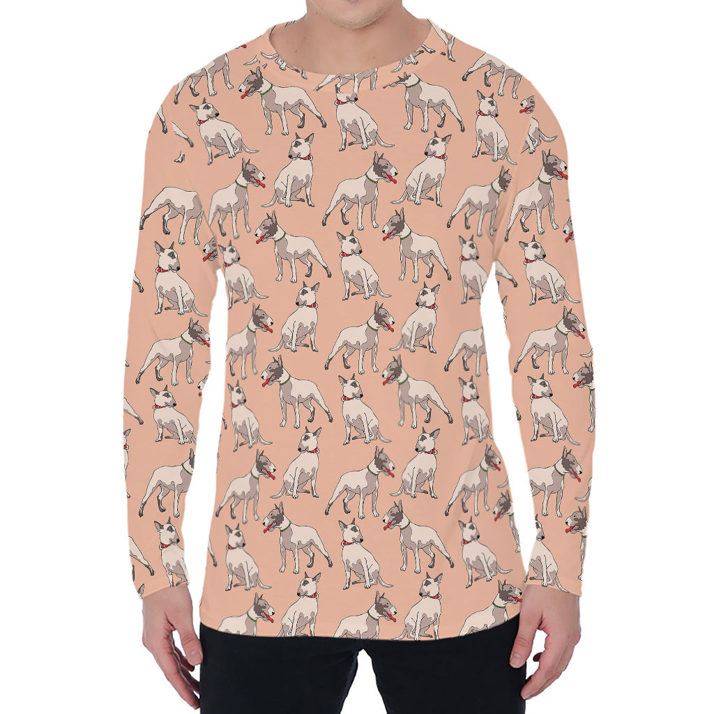 Orange Bull Terrier Pattern Print Men's Long Sleeve T-Shirt