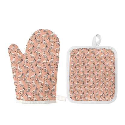 Orange Bull Terrier Pattern Print Oven Mitt And Pot Holder Set