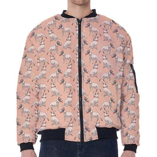 Orange Bull Terrier Pattern Print Zip Sleeve Bomber Jacket