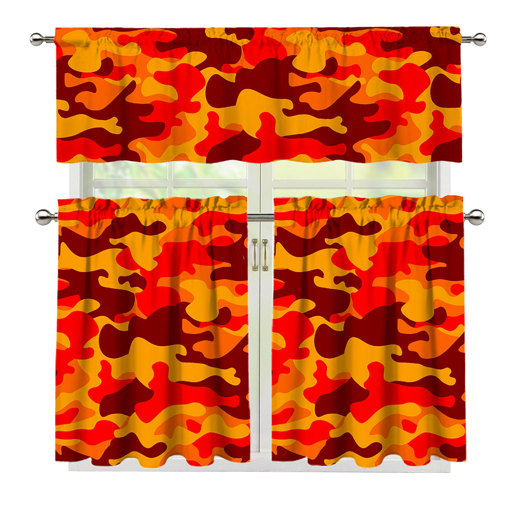 Orange Camouflage Print 3 Piece Kitchen Curtains