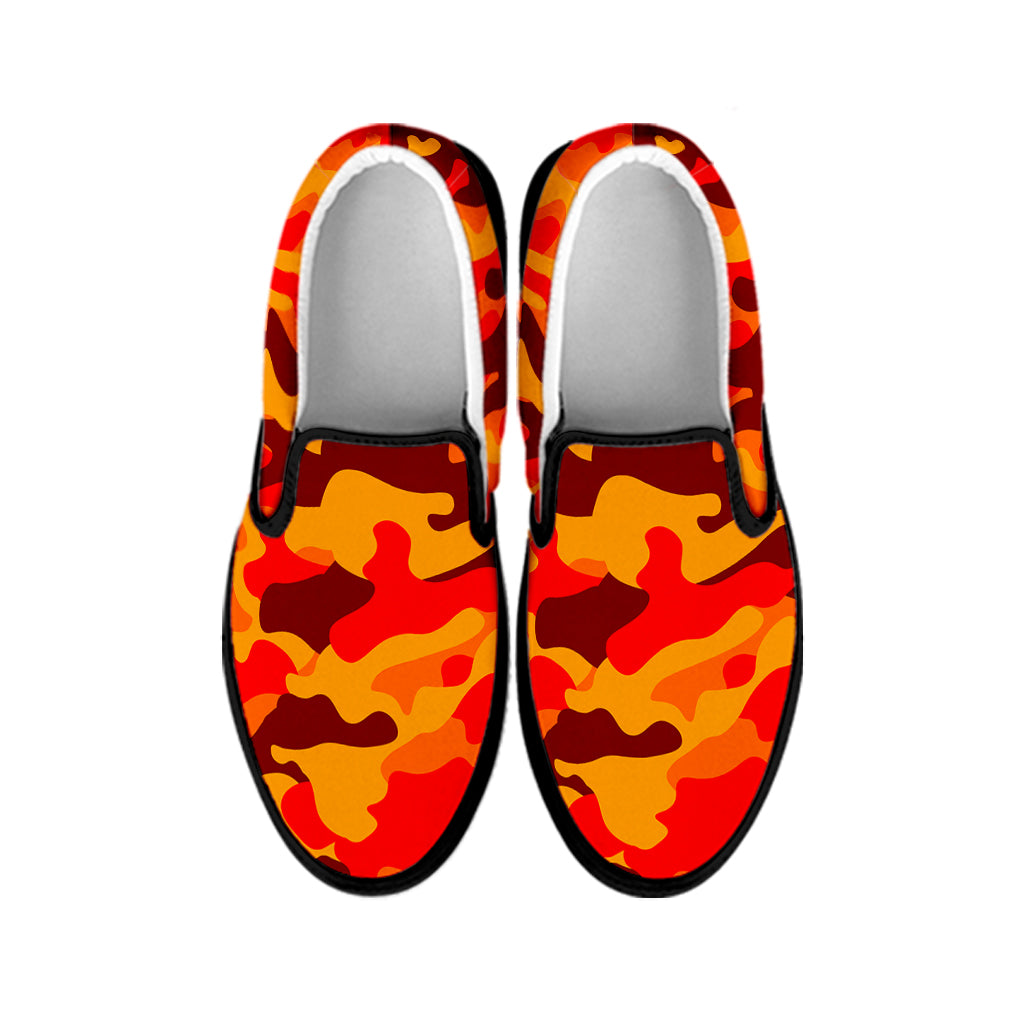 Orange Camouflage Print Black Slip On Sneakers
