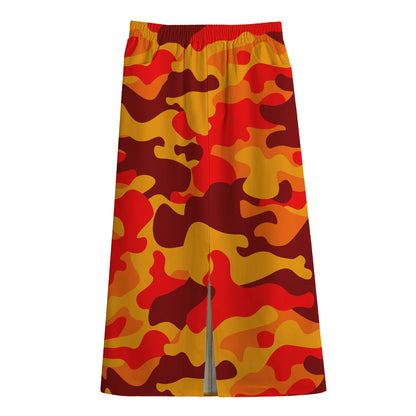Orange Camouflage Print Cotton Front Slit Maxi Skirt