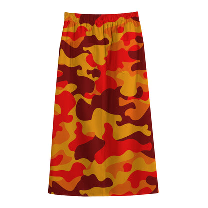 Orange Camouflage Print Cotton Front Slit Maxi Skirt