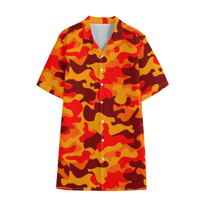 Orange Camouflage Print Cotton Hawaiian Shirt