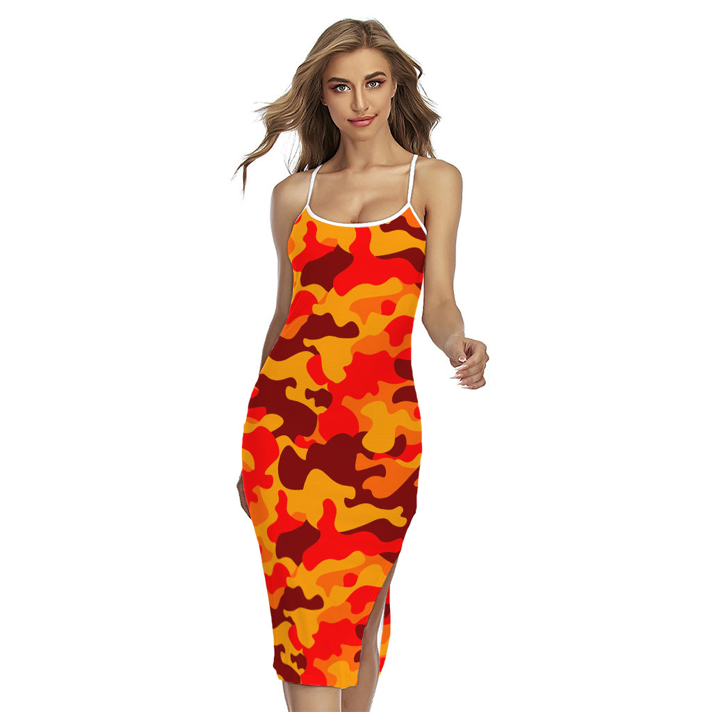 Orange Camouflage Print Cross Back Cami Dress