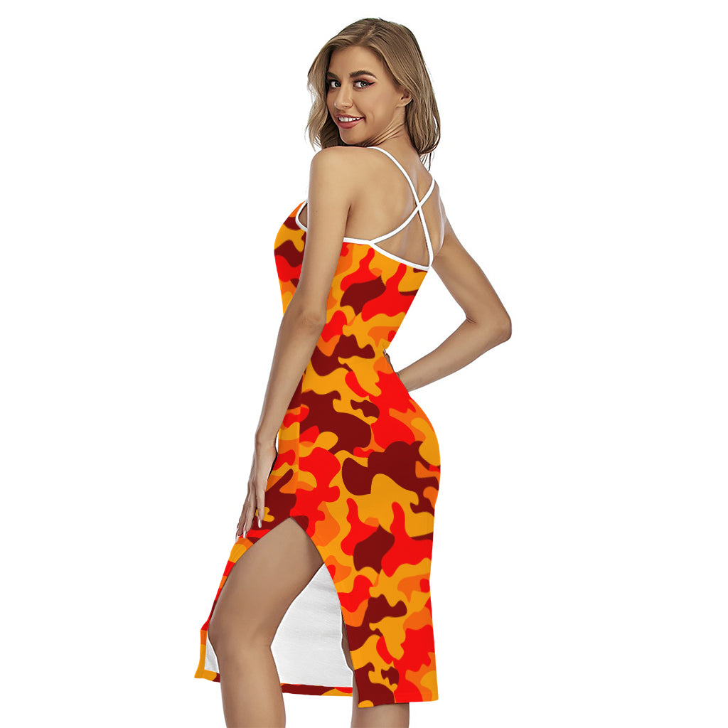 Orange Camouflage Print Cross Back Cami Dress
