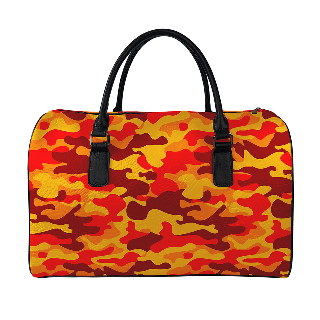 Orange Camouflage Print Leather Duffle Bag