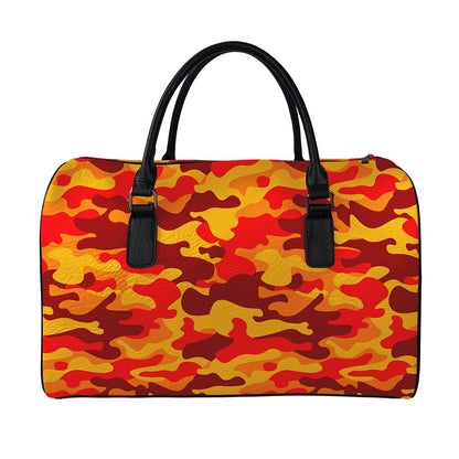 Orange Camouflage Print Leather Duffle Bag