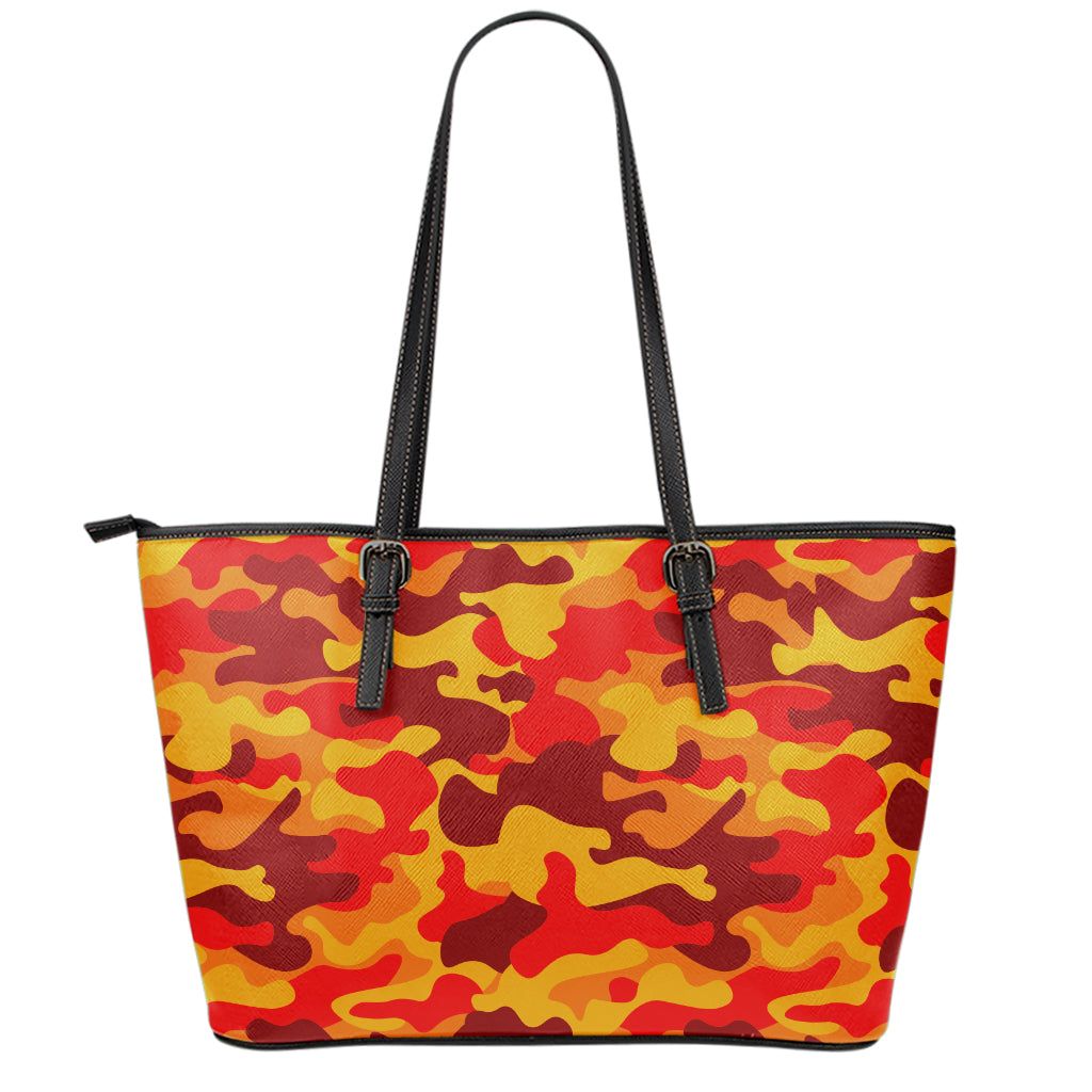 Orange Camouflage Print Leather Tote Bag