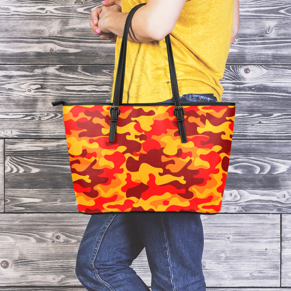 Orange Camouflage Print Leather Tote Bag