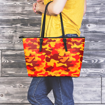 Orange Camouflage Print Leather Tote Bag