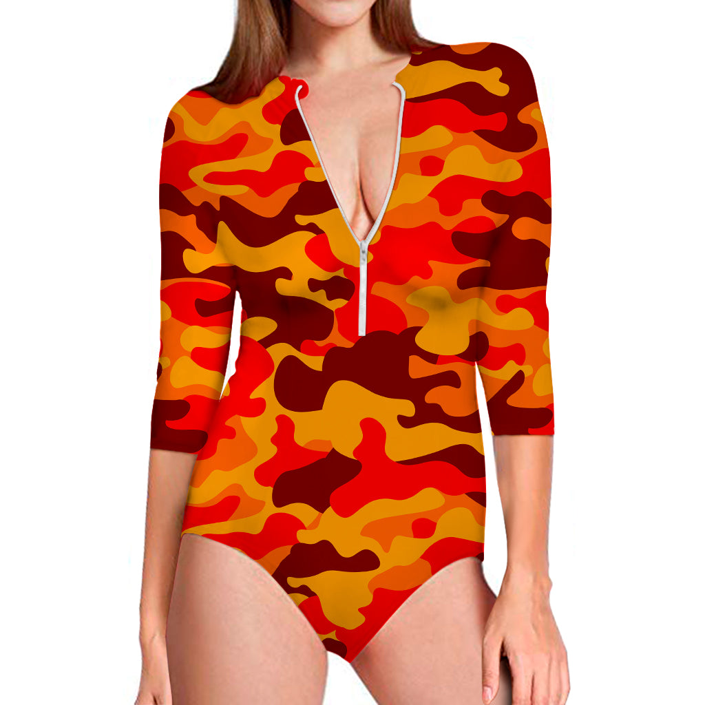 Orange Camouflage Print Long Sleeve Swimsuit