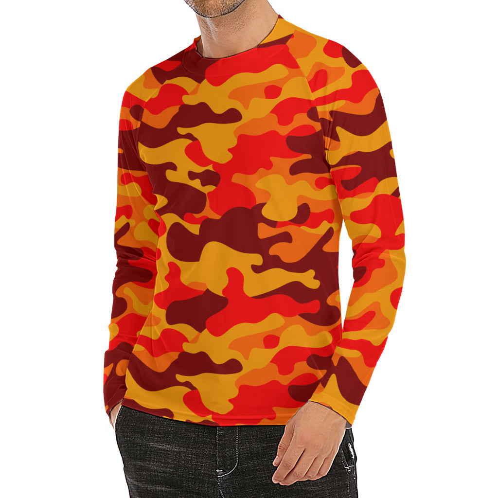 Orange Camouflage Print Men's Long Sleeve Rash Guard