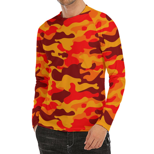 Orange Camouflage Print Men's Long Sleeve Rash Guard