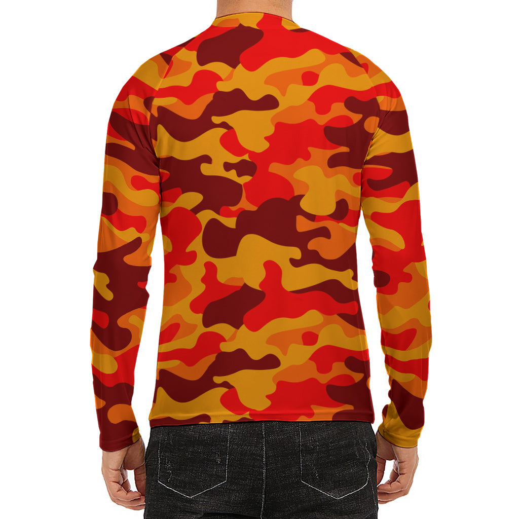 Orange Camouflage Print Men's Long Sleeve Rash Guard