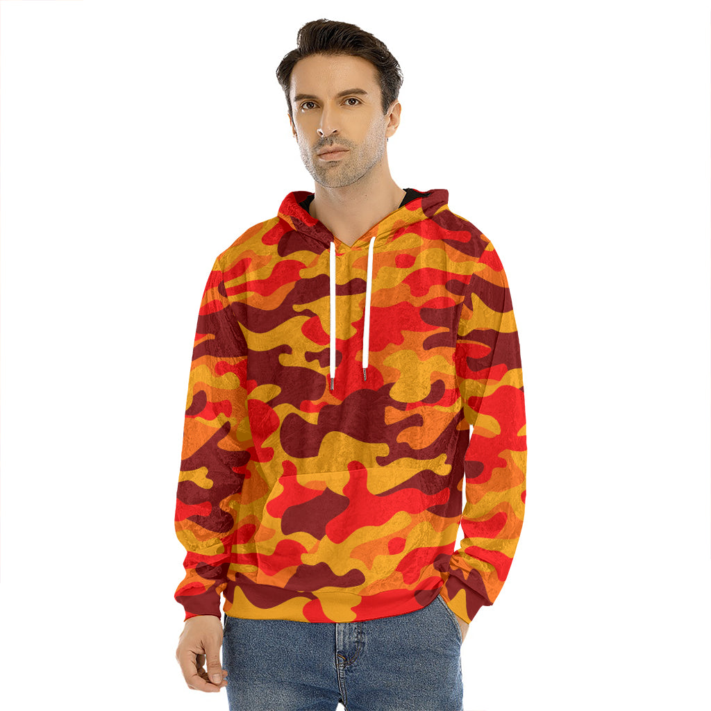 Orange Camouflage Print Men's Velvet Pullover Hoodie