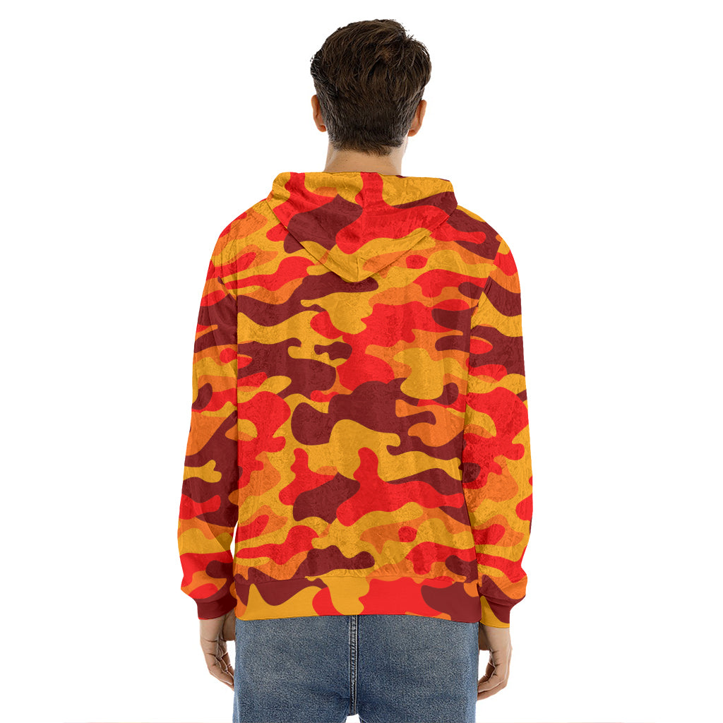 Orange Camouflage Print Men's Velvet Pullover Hoodie