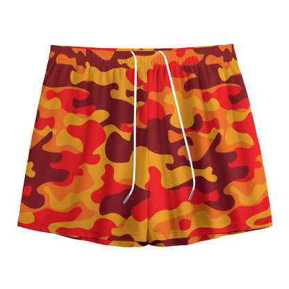 Orange Camouflage Print Mesh Shorts