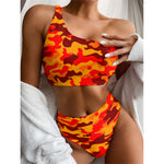 Orange Camouflage Print One Shoulder Bikini Top